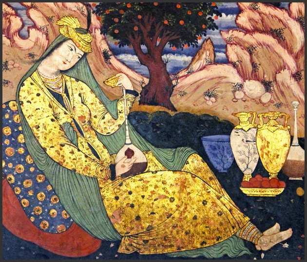 A woman having wine in solitude. A wall painting from Chehel Sotoun pavilion in Isfahan, Iran, 17th century