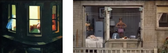 شکل شماره‌ی نه: نمایی ازفیلم پنجره‌ی عقبی هیچکاک و اثرگذاری نقاشی ادوارد هاپر برهیچکاک (نقاشی چپ)
